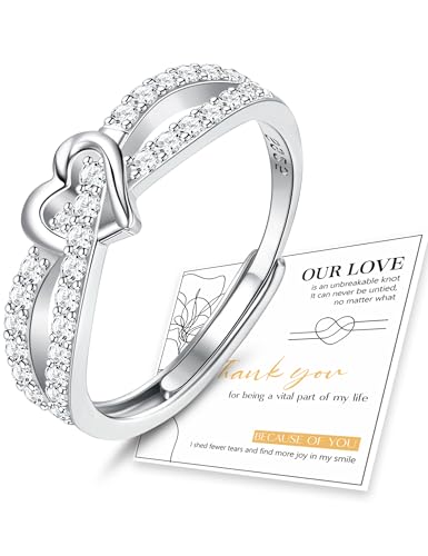 MILACOLATO Anillo de Corazón de Plata de Ley 925 con Zirconia Cúbica para Mujer, Anillo de Compromiso y Boda Ajustable en Plata, Diseño Apilable de Doble Fila con Chapado en Platino