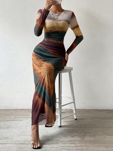 Image of LIGHT DOT Women's Printed Bodycon Maxi Dress Long Sleeve Tie Dye Mesh Ruched Cocktail Dress