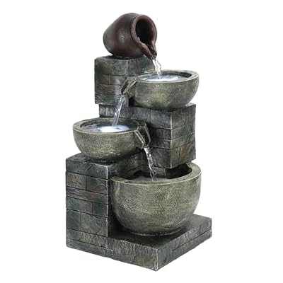5-Tiered Cascading Rock, 22" High Outdoor Garden Waterfall with LED Lights and Pump, Resin Water Fountain for Garden, Patio, Yard, Deck Decor (23.6" High 4-Tiers)