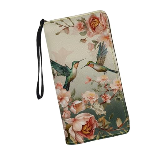 Hummingbird Floral Wristlet Wallets for Womens Clutch Purse Leather Handbag with Wrist Strap Large Capacit