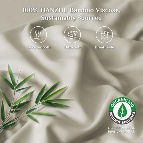 Image of BEDELITE Bamboo Viscose Sheet Set, Full Size, 4 Pieces, Beige | 100% Organically Grown, 18 Inch Deep Pocket, All Round Elastic & Corner Straps, Luxury Silky Cooling Sheets for Hot Sleepers