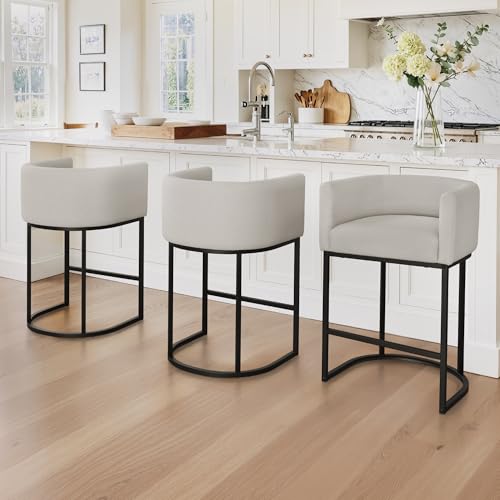 Image of LUE BONA 27 inch H Counter Height Bar Stools Set of 3, Modern Barrel Counter Stools with Backrest and Arms, Black Metal Frames, Linen Fabric Upholstered Accent Barstools for Kitchen Island, Light Gray