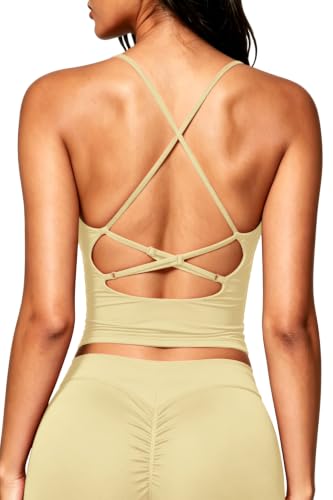 Image of QINSEN Womens Cross Back Tank Top V Neck Double Lined Camisole Top Sleeveless Spaghetti Strap Going Out Tops