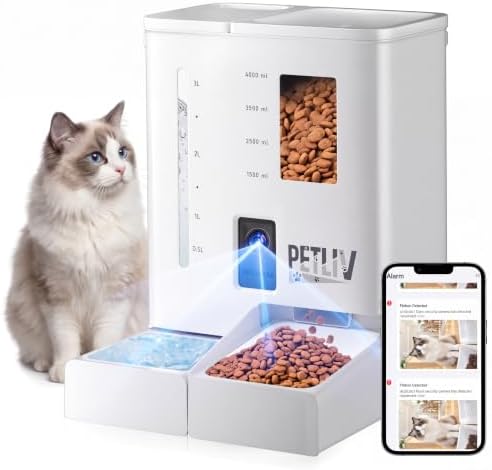 Futterautomat Katze mit 2K HD Nachtsichtkamera,passend Katzen u. Kleinhunde | Futterautomat katze 2 napfe 5L Futter- &4L Wasserspender, 2,4G&5G Dualband WLAN App-Steuerung, Zwei-We