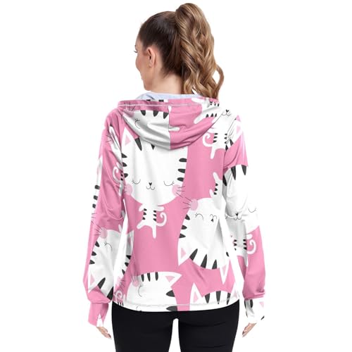 KLL Moletom feminino com capuz leve com zíper Rash Guard, proteção FPS 50+, desenho de gato, fofo, m