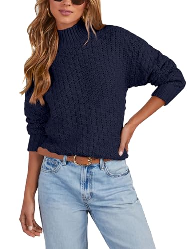 Women's Textured Mock Neck Knit Sweater Long Sleeve Turtleneck Sweater 2024 Fall Winter Chunky Knitted Pullover Jumper Tops