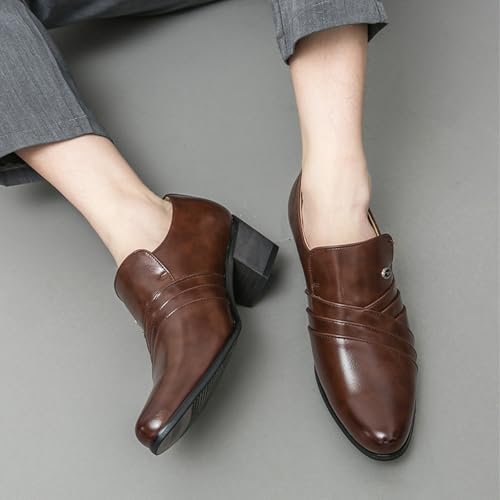 Image of Men's Leather Pointed Toe Block Heels Slip-on Oxford Shoes Comfort Medium Chunky Heels Retro Low Top Dress Prom Shoes for Wedding Business Work Dating