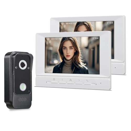 QttyElok Videocitofono cablato 1080P HD, videocitofono, 2.0 MP, videocamera per campanello con visione notturna a infrarossi, impermeabile, con display LCD IPS da 7 pollici, 2 monitor, audio