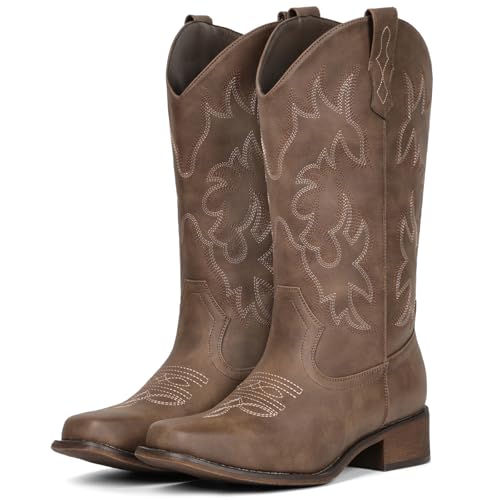 Image of IUV Cowboy Boots For Women Square Toe Wide Mid Calf Western Pull On Suede Fashion Black Brown Cowgirl Boots