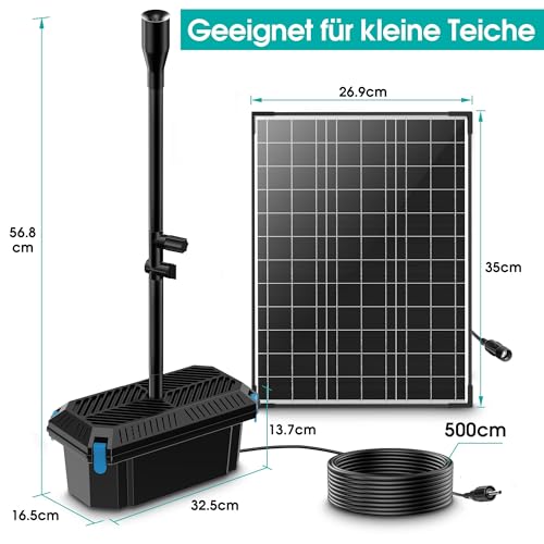 Biling Solarny filtr do stawu 20 W, zestaw 875 l/h, pompa z 4 dyszami i regulatorem przepływu, kabel 5 m, do stawu ogrodowego, fontanny, mały staw rybny, do zabawy na zewnątrz, przyjazny dla