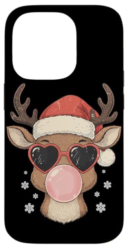 レトロなトナカイが吹くバブルガム サングラス クリスマス スマホケース iPhone 14 Pro 用