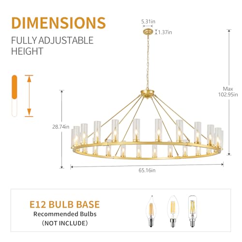Image of 24 Light Large Wagon Wheel Chandelier with Clear Glass Shade Gold Round Pendant Light Farmhouse Industrial Chandeliers Dining Room Light Fixture for Stair Living Room Foyer Kitchen
