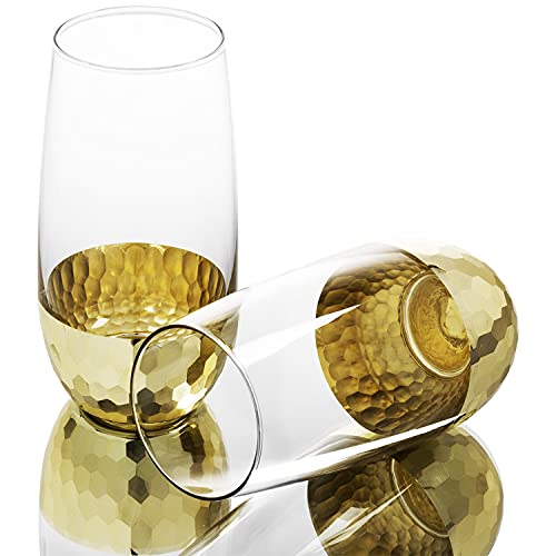 Mygift Stemless Wine Glasses Set Of 4 With Hammered Brass Plated Base #TOP5