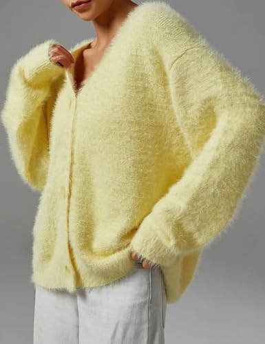 Image of COZYPOIN Womens Fuzzy Cardigan Sweater V Neck Button Down Soft Knit Coat | Loose, Comfy, Slouchy Drop Shoulder, Long Sleeve Fluffy Mohair, Warm, For Daily Work Holiday, Spring Fall Winter Fashion