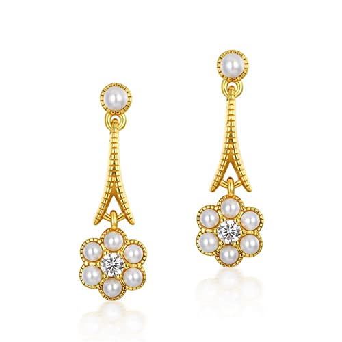 Pendientes de Plata de Ley 925 EKSED con perlas colgantes de flor de ciruelo para mujer elegante
