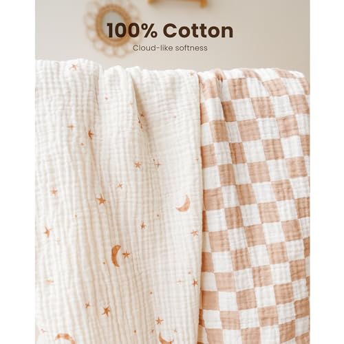 Image of Konssy 2 Pack Muslin Bassinet Sheets for Baby Boy, 100% Cotton Soft Breathable Bassinet Mattress Sheets Fit for Hourglass Oval Cradle Rectangle Mattress (Coffee Check,Moon)