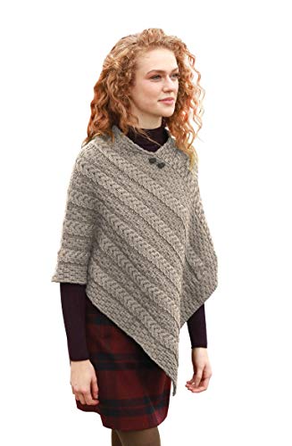 Carraig Donn Ladies Merino Wool Plaited Poncho Sweater, White/Wicker, One Size