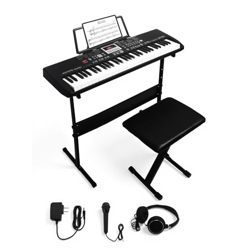KEYIVOX 61 Key Electronic Keyboard Piano for Beginners, 200 Tones & Rhythms, with H Stand, Stool, Headphones, Microphone, Piano Note Stickers
