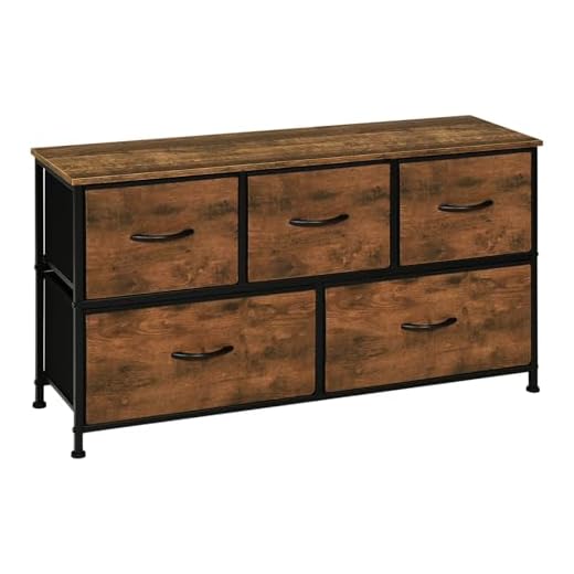 WOLTU Comoda para Dormitorio, Cajonera Almacenaje, Cómodas 5 Cajones de Metal y Madera, Cajoneras Dormitorio y Habitacion, Mueble Almacenaje, Armario Organizador Marrón Rústico y Negro, SSK005hov