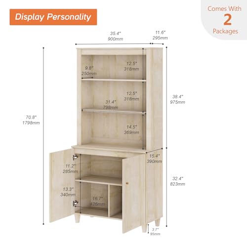 Image of WAMPAT 71 inch Tall Bookcase with Doors & Storage Cabinet, Modern 5-Tier Bookshelf with Adjustable Shelf, Floor Standing Wooden Display Book Shelf for Home Office, Living Room, Bedroom, Light Oak
