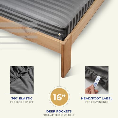 Image of THREAD SPREAD Full Size Bed Sheets, Luxury 1000 Series Paradise Collection 100% Egyptian Cotton Damask Striped Sheets Full Size Set (4 PC, Dark Grey Stripe), Soft 16 inch Deep Pocket Hotel Sheet Set