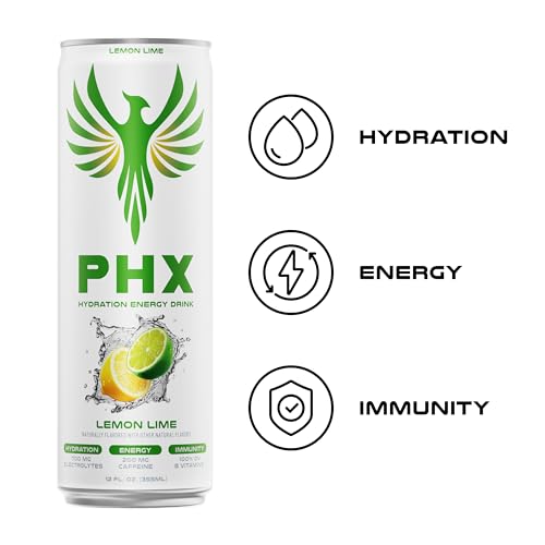 Image of PHX Hydration Energy Drink - 700mg Electrolytes, 200mg Natural Green Tea Caffeine, 100% Daily Value 8 Essential Vitamins - 12 oz Cans (12 Pack, Lemon Lime)
