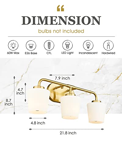 Image of Brushed Gold Bathroom Vanity Light, Farmhouse Brass Sconces Wall Lighting with Milk White Glass, 3-Light Bathroom Light Fixture Over Mirror, AD-22004-3W-GD