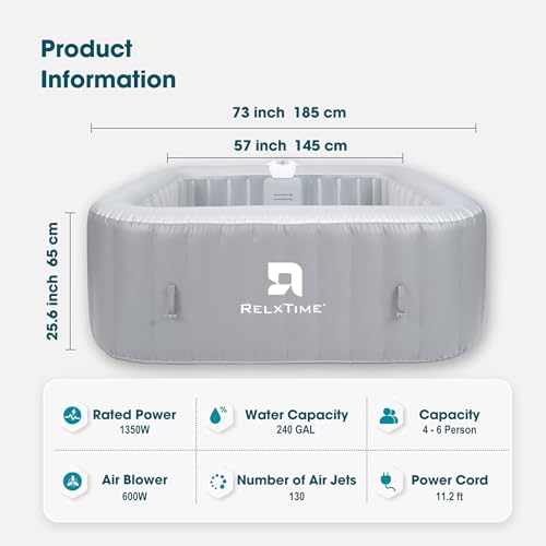 Blow Up Hot Tub 4-6 Person, Inflatable Spa Square Portable Outdoor Hottub, 130 Soothing Bubble Air Jets, Cover, 2 Filter Cartridges, Grey
