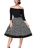 Swing-Kleid lange Ärmel Schwarzes knielanges Swing Kleid im High Waist Schnitt mit Tellerrock und Carmen-Ausschnitt schulterfrei und weiß gepunktet Bandeau Lange Ärmel M