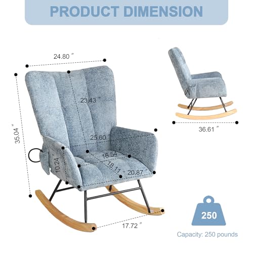 Image of Rocking Chair Nursery with Airbag, Comfy Modern Nursery Rocking Reading Chair Indoor, Cozy Upholstered Glider Rocker Chairs for Living Room Bedroom Offices, (Chenille, Blue)