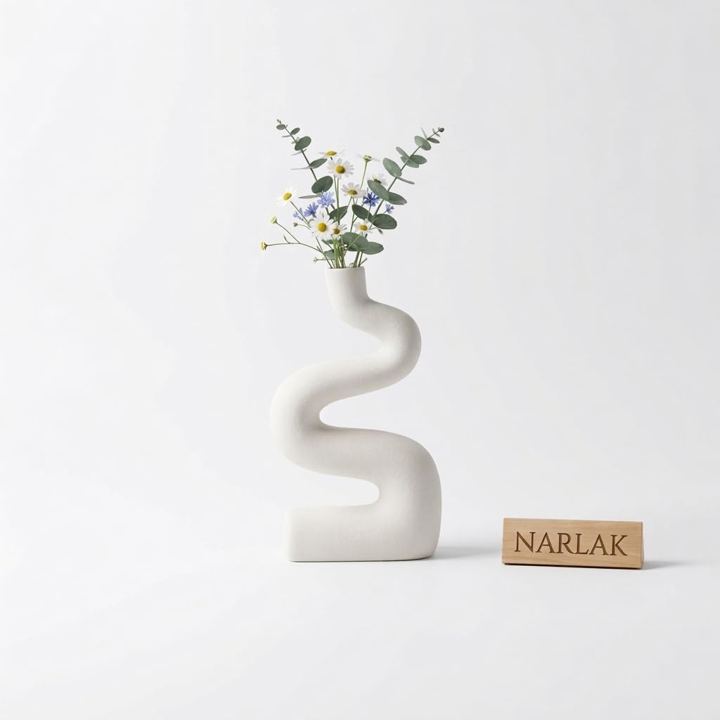 Ceramic Wavy Vase, White, Abstract Sculptural Design, 28cm x 16cm, Modern Home Decor-image-32