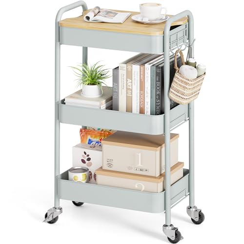 KINGRACK Carrello con Ruote Portatutto Cucina 3 Livelli, Carrellino Salvaspazio con Tavole Rimovibili - Verde, per Cucina/Soggiorno/Camera, Struttura in Metallo, Facile Montaggio, 44x30.5x79 cm