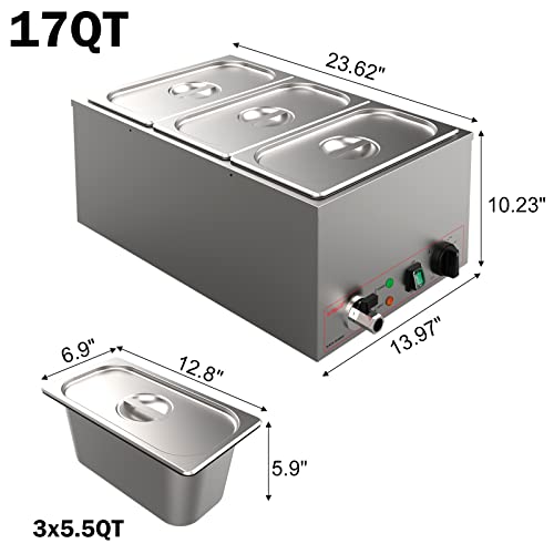 Valgus Commercial Grade Stainless Steel 3 Sections 17 Qt Bain Marie Food Warmers Electric Countertop Steamer With Lid And Tap For Parties, Banquet And Catering Events #TOP1