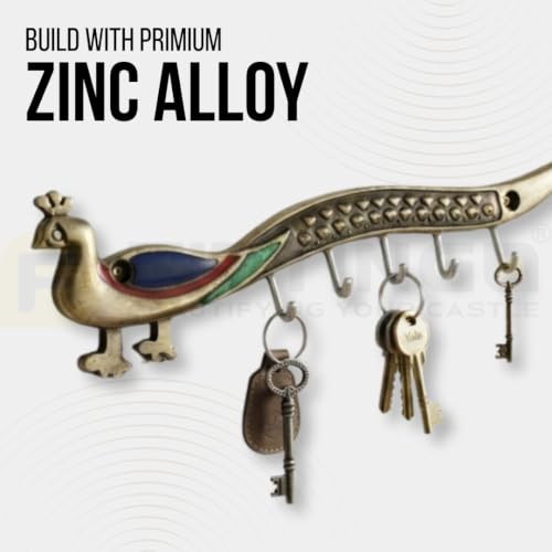Image of Peacock Zinc Metal Wall Mounted Key Holder with Hooks for Home, Kitchen & Entryway, Durable Heavy Duty Decorative Key Rack Organizer for Keys, Vintage Style - Antique Finish