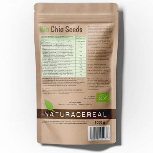 Chia Samen Bio 1 kg – Naturacereal Bio Chiasamen – Vegan, glutenfrei & ballaststoffreich – Hochwertiges Superfood mit Omega-3 & pflanzlichem Protein – perfekt für Smoothies, Müsli & Backen