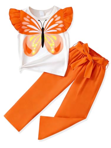 FJLSJSW Girls Clothes 2 Piece Outfit SleevelessTop + Relaxed Flared Pants Girls Spring and Fall Outfits Sizes 4-5 Years Orange
