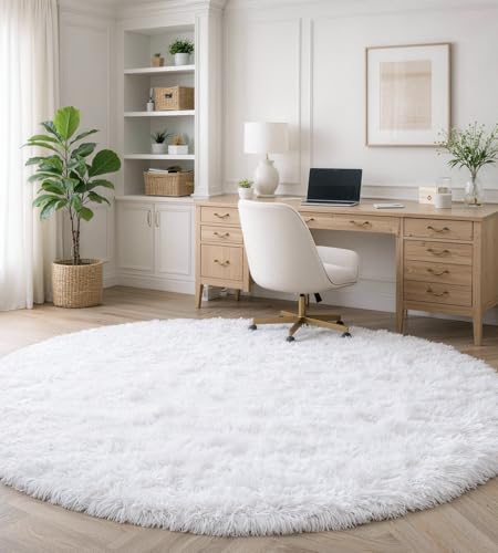 ROHATIM Tapis Rond Shaggy Descente de lit Grande Taille Tapis Moelleux Carpette Décoratif de Style Moderne pour Salon Chambre Canapé Natte(Blanc,Ø 100 cm...