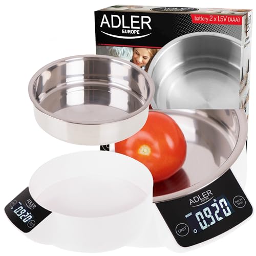 Adler AD 3166 Küchenwaage mit 900 ml Behälter aus Edelstahl, max. Gewicht 5 kg, elektronische Haushaltswaage mit LCD-Display, digitale Waage, Genauigkeit bis zu 1 g, Weiß/Silber, 21 x 19 x 8 cm
