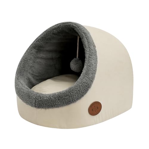 Banbury & Co Cat Bed for Indoor Cats, Small Snug Cosy Pet Igloo, Removable Cushion Pillow, Small Dog House Bed, Anti-Anxiety Cat Hideaway for Puppy & Kittens with Hanging Toy | White, 47x37x33cm