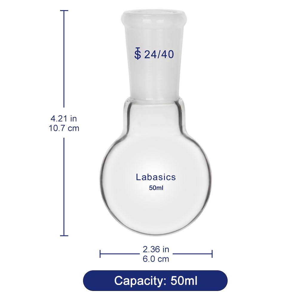 Glass 50ml Single Neck One Neck Round Bottom Flask RBF, with 24/40 Standard Taper Outer Joint, 50ml