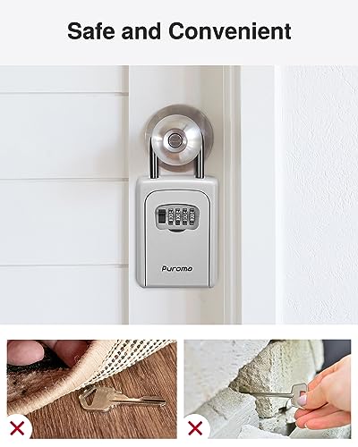 Image of Puroma Large Key Lock Box With Resettable Combination Code, Portable Wall Mount Waterproof Security Safe for Outside, Outdoor Home Office Door Handle House Key, Silver (1 Pack)