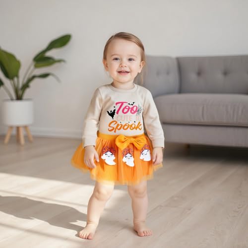Userdefined Toddler Baby Girl Halloween Outfit Letter Ghost Embroidery Sweatshirt Tulle Skirt Fall Clothes Set4