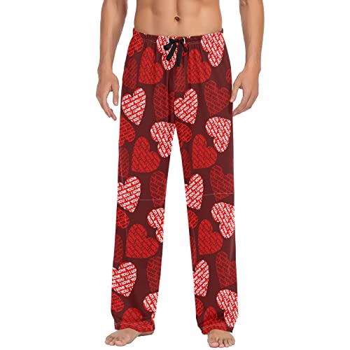 Valentines Day I Love You Pajama Pants Red Heart Men's Pajama Bottoms Lounge Sleepwear PJs Casual Sleep Pants L