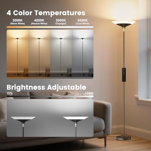 Image of SIBRILLE Torchiere Floor Lamp - 72 inch Tall LED Standing Lamp with Remote /Button Control, 1800Lm, 3000-6500K, 30W Dimmable Modern Corner Floor Light for Living Room Bedroom Office Apartment, Black