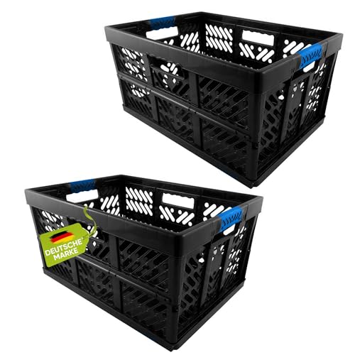 2 x robuuste professionele - klapbox 45 l tot 50 kg - vouwdoos, kist, mand voor opslag, transport - zwart/blauw