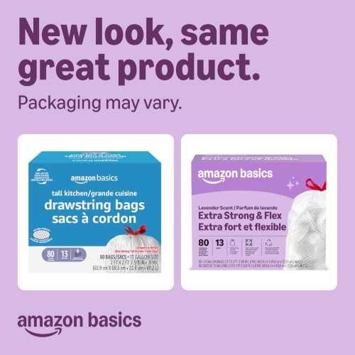 Image of Amazon Basics Ultra-Force Tall Kitchen Drawstring Trash Bags, Lavender Scented, 13 Gallon, 80 Count, Pack of 1, Packaging May Vary