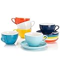 Sweese 403.002 Porcelain Cappuccino Cups with Saucers - 6 Ounce for Specialty Coffee Drinks, Latte, Cafe Mocha and Tea - Set of 6, Hot Assorted Colors
