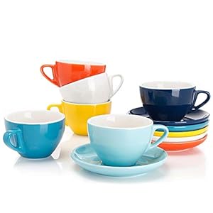 Sweese 6 Ounce Cappuccino Cups with Saucers, Porcelain Double Espresso Cups Set of 6 – Hot Assorted Colors
