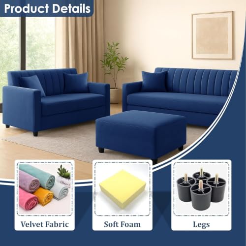 Image of 3+2 Velvet Fabric Sofa Set with Ottoman for Living Room | Modern 5-Seater Sofa Set | with Soft Cushion, Premium Velvet Fabric-Blue