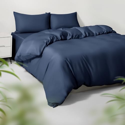 Full/Queen Duvet Cover Set, 100% Viscose Derived from Bamboo, 3 Pieces, 1 Zipper Closure Duvet Cover (90"x90") and 2 Pillowcases (20"x30") Cooling & Silky Soft (Navy)